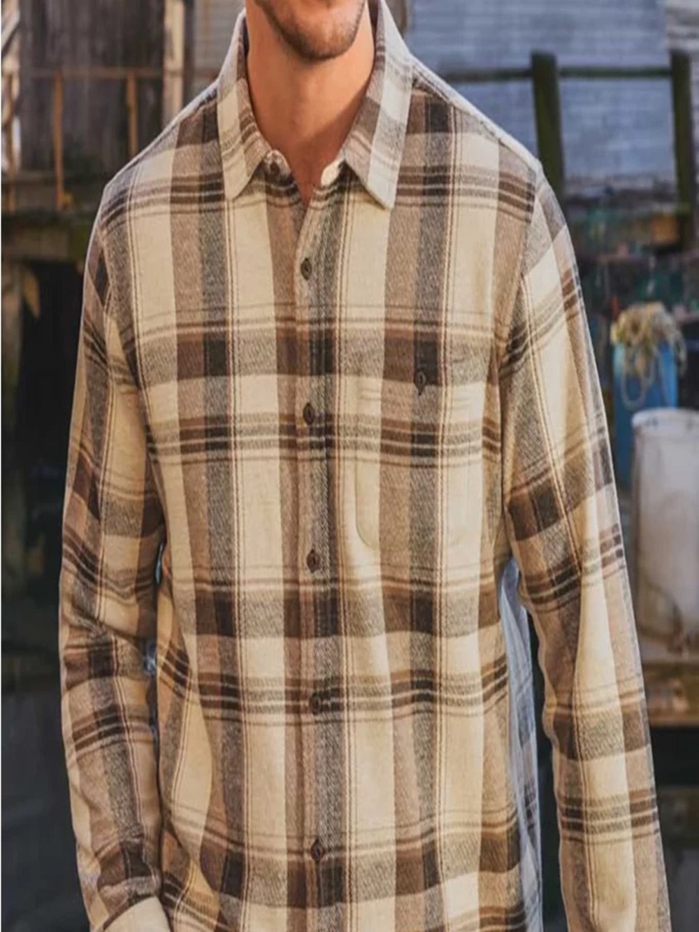 Flag & Anthem Men's Plaid Button-Up Flannel Shirt - Cream & Brown